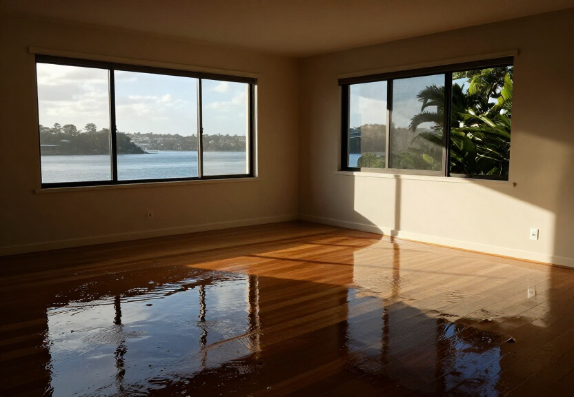 Flooded living room in Allawah before restoration